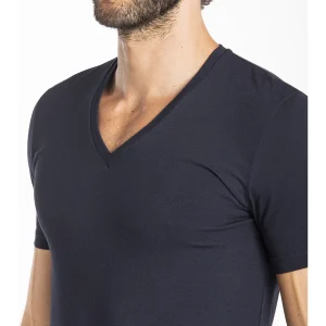 Maglietta blu a v in jersey di cotone elasticizzato