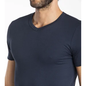 Maglietta blu collo a V in jersey di cotone elasticizzato taglio moderno e confortevole